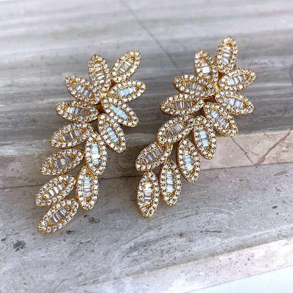 NEW ~ Anthropologie Pavé X Baguette Fancy Flower Drop Stud Silver Earrings - Picture 14 of 14